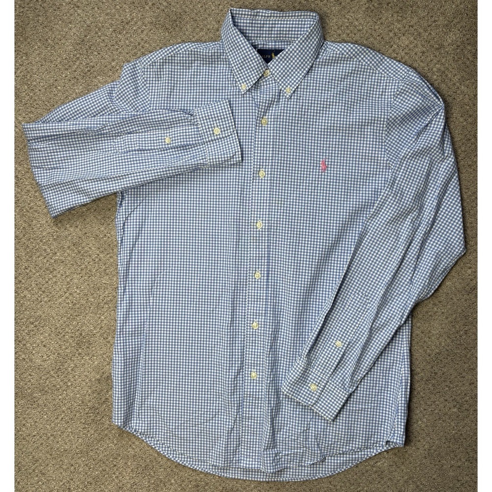 Polo Ralph Lauren Men's Medium Custom Fit Button Down Shirt Gingham Blue White - Picture 2 of 6